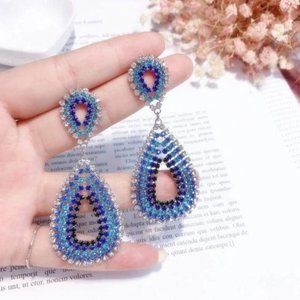 BOHO Beachy Blue White Ombre Crystals Double Teardrop Earrings